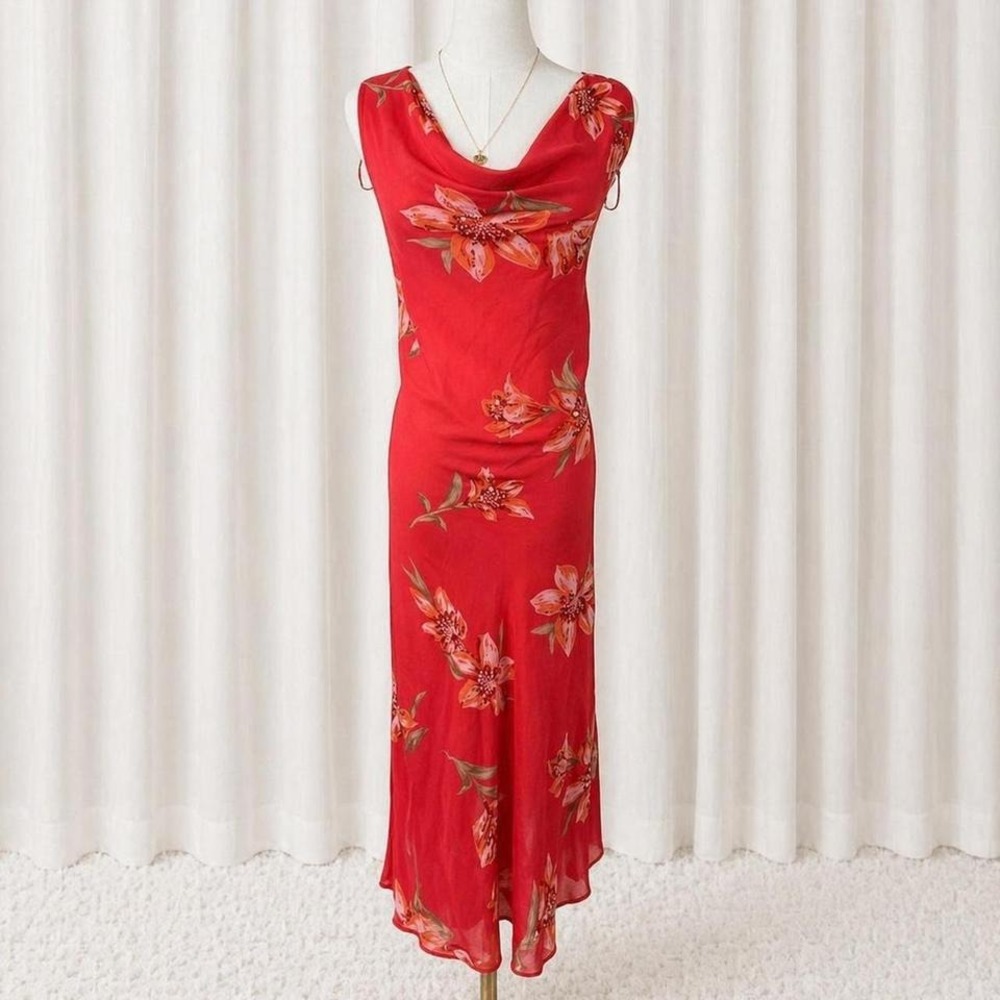 Y2K vintage Studio C red floral beaded mesh slip midi dress romantic summer